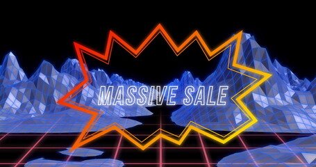 Image of massive sale over shape and metaverse landscape