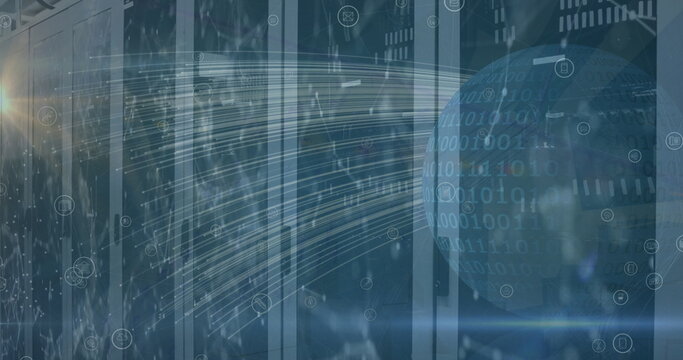 Image of globe with data processing over server room