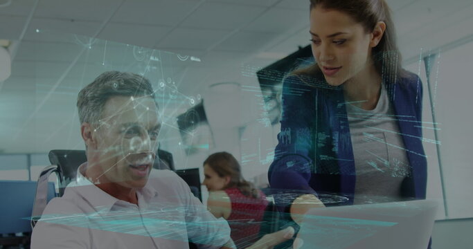 Image of digital screen with diverse data over diverse female and male coworkers in office - Powered by Adobe