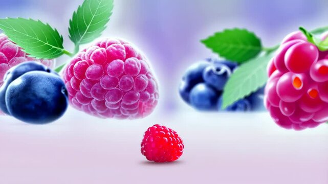 Glossy raspberry with green leaf floats midair among semi-transparent berries on pastel yellow background in dreamy lighting and soft blur. Concept of fruity surrealism and minimal food design