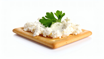 One tasty cracker with cream cheese isolated on white background in high resolution for food photography, recipes, and culinary design