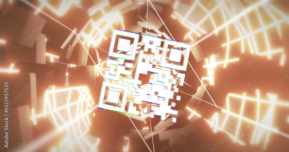 Poster image of digital neon qr code flickering over tunnel with blocks in background