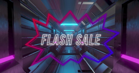 Digital image of flash sale text over neon squares against microprocessor connections
