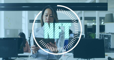 Image of scope scanning over woman using smartphone