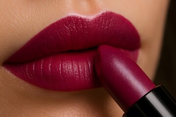 Satin Berry Lipstick Application – Close-Up of Bold and Smooth Lip Finish