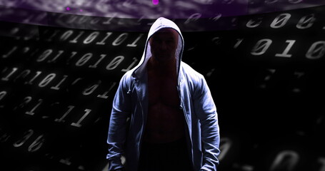Image of binary coding and data processing over male hacker in hoodie
