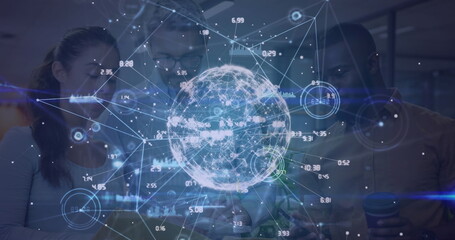 Image of network of connections and icons over diverse group of business people