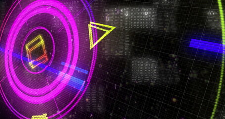 Image of neon glowing scope scanning, binary coding and data processing
