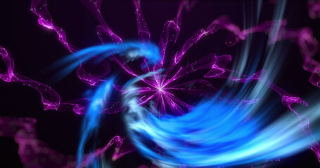 Image of spiral of blue light over purple smoke on black background