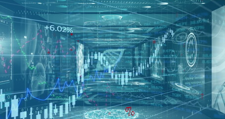Floating holographic candlestick charts and line graphs filling grid room, with percentage symbols