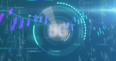 Digital image of 5g text in circular graphical scanner over moving candlestick chart graph