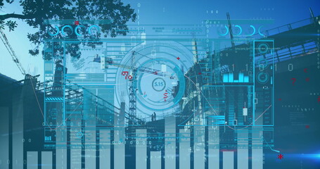 Digital image of infographic interface with graph and scanning against construction building