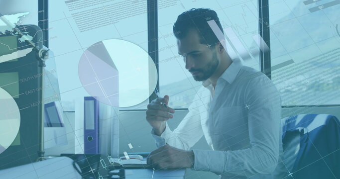 Image of financial data processing over businessman working in office