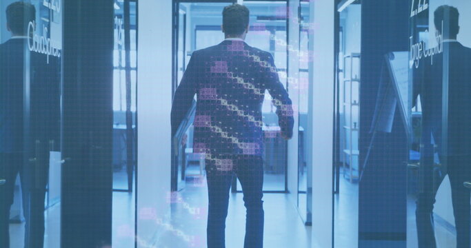 Image of dna data over back view of caucasian businessman in office