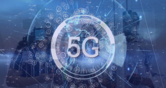 Image of network of connections and 5g text over diverse group of business people - Powered by Adobe