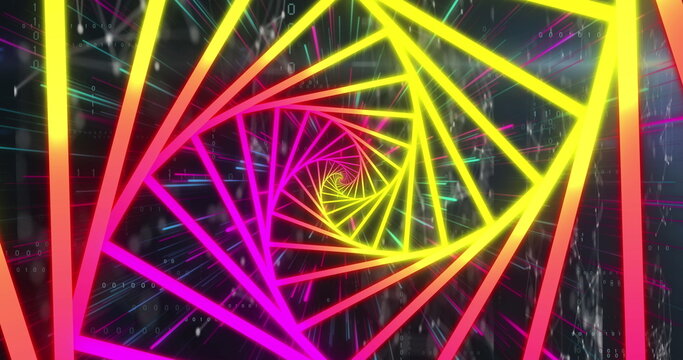 Naklejki Image of purple and yellow neon shapes moving over black digital space