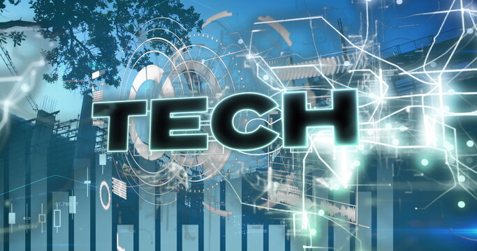 Floating glowing TECH graphic hovering over construction site facade, with holographic circuits