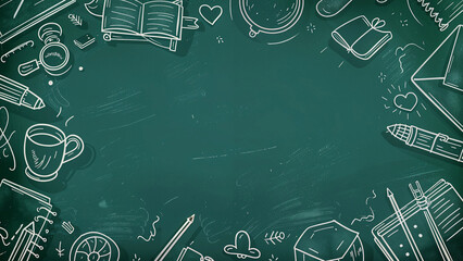 Chalkboard with sketched school supplies and tech gadgets forming a creative border, great for educational or academic-themed content