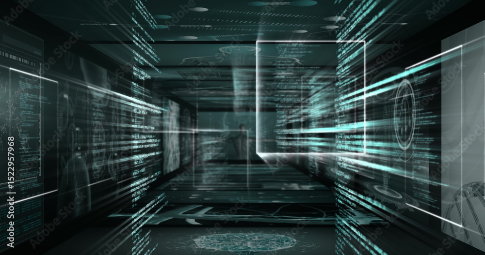 Poster image of digital computer language in infographic interface display screens moving in loop