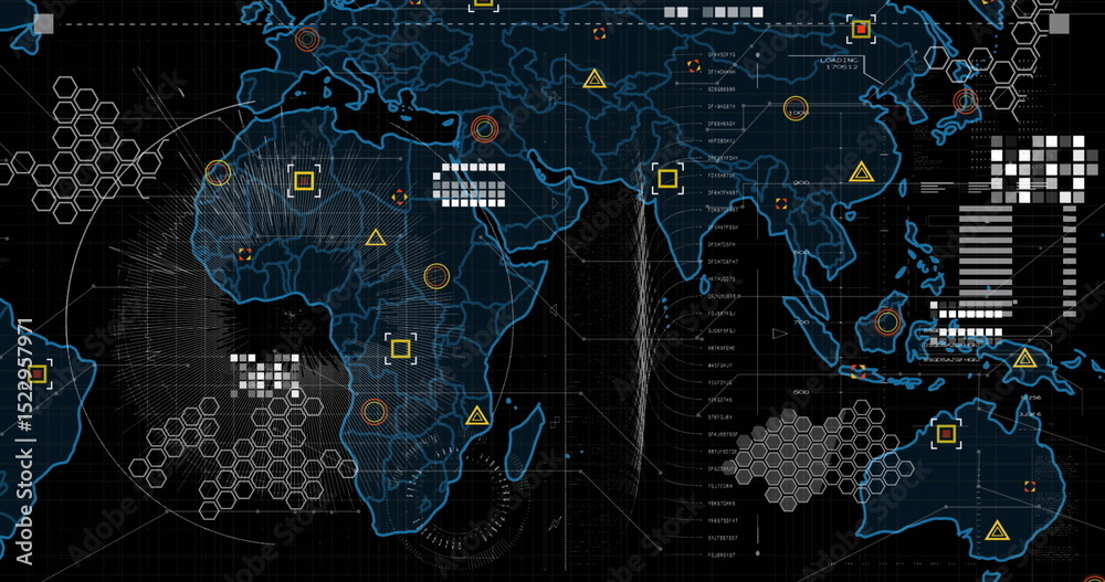 Poster image of digital map moving with hexagon and circle shape on abstract background