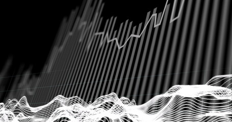 Image of moving white topographical lines over grey graph on black background