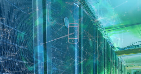 Image of globe, connections and smartphone icons over servers