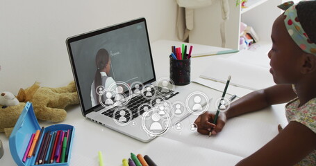 Image of media icons over african american schoolgirl having image call with teacher