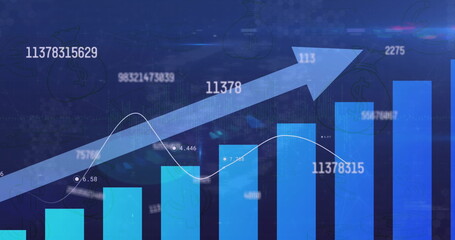 Image of arrow, increasing numbers over bar graph against blue background