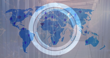 Displaying world map overlay with network lines over server racks in data center, with purple pins
