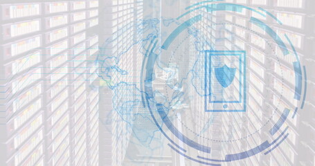 Image of globe and smartphone with digital shield over servers
