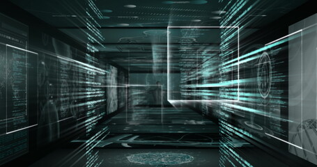 Image of digital computer language in infographic interface display screens moving in loop
