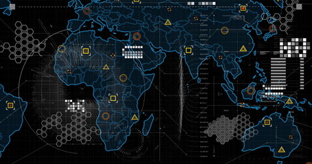 Image of digital map moving with hexagon and circle shape on abstract background