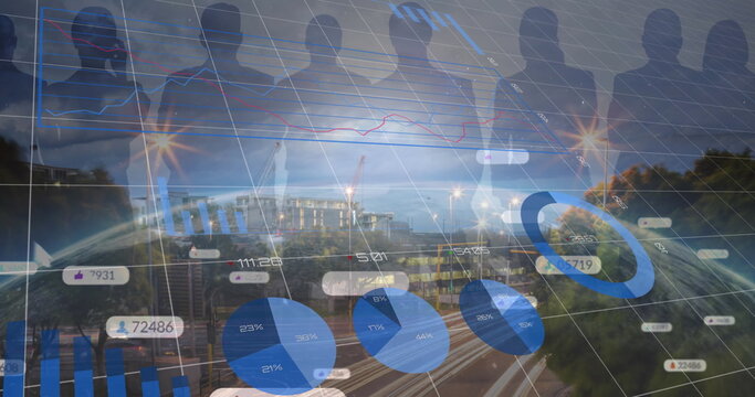 Image of social media notifications, multiple graphs, silhouette people, light trails on street
