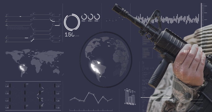 Image of hand of soldier holding gun over globe and data processing on digital interface