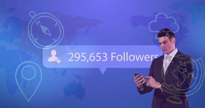 Image of caucasian businessman checking number of followers increasing against world map, icons - Powered by Adobe