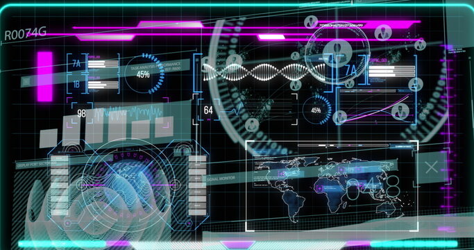 Image of graphs and scientific data on black digital screen