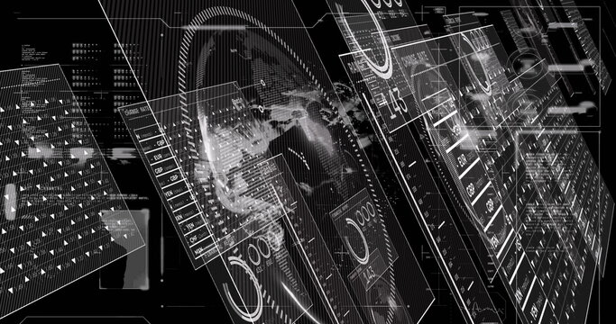 Image of graphs, data and globe on black digital screen