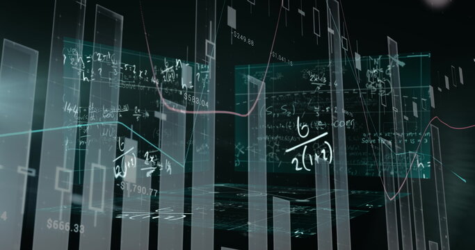 Image of digital mathematical formulas on display screens with bar graphs moving in loop