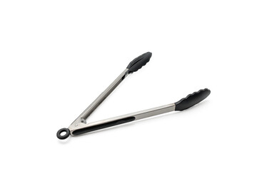 Open stainless steel kitchen tongs with black silicone tips, isolated on white background. Perfect for gripping and serving food.