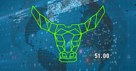 Image of globe, data and bull head over blue background