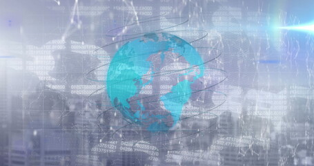 Image of globe, digital chain and cityscape