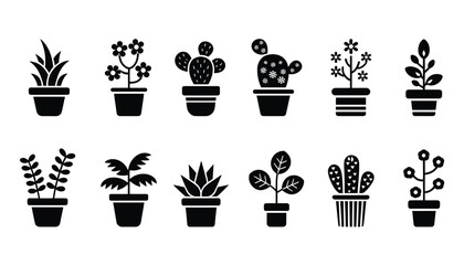 Fototapeta premium Set of Stylish Houseplant Silhouettes for Creative Greenery Projects, Simple Potted Botanical Illustrations Bringing Nature's Calm Indoors