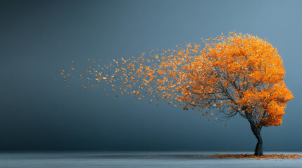 Brain disease with memory loss due to Dementia and Alzheimer's illness as a medical icon of an autumn season  tree shaped as a human head and brain losing leaves as a concept of intelligence decline.