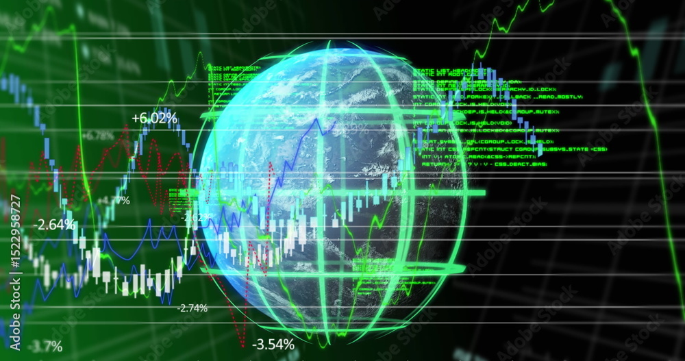 Wall mural image of data processing over globe on green background