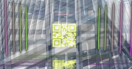 Image of neon lines with qr code against office building