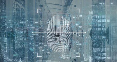 Image of fingerprint scanning on digital interface against server room