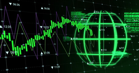 Image of data processing over globe on black background