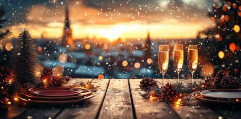Cozy winter dinner setting with snow and sunset backdrop.