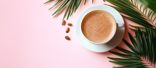 Coffee cup with palm leaves on a pink background.
