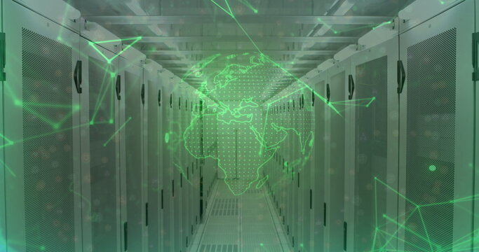 Image of data processing and globe over server room